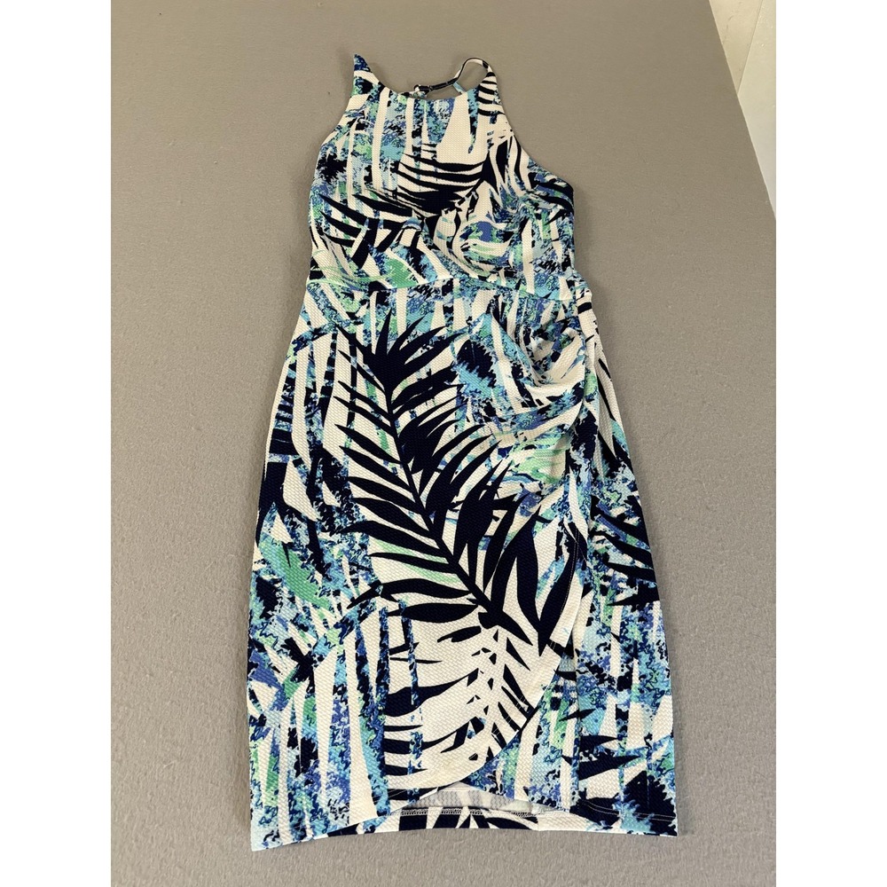 Premier Amour Dress Womens 10 White Navy Blue Palm Print Sleeveless Summer New